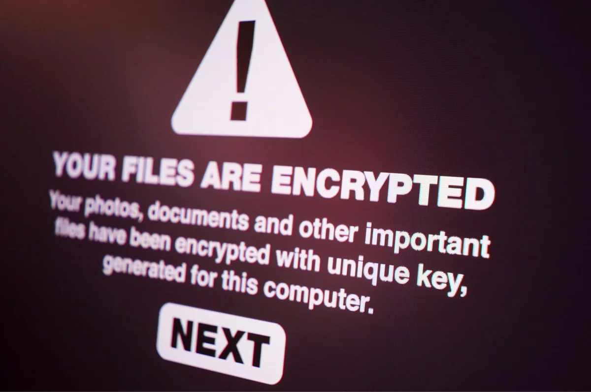 Screen showing a message saying your files are encrypted
