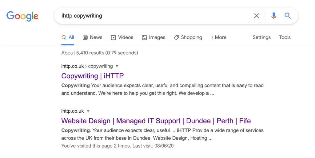 Screenshot of a Google search for ihttp copywriting
