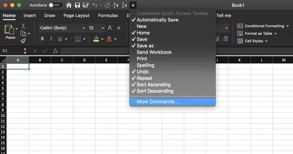 Screenshot of Microsoft Excel showing where to access the More Commands menu utem